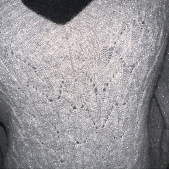 Nordstrom Light Grey Shimmery/Sparkley V-Neck Cable Knit Sweater - Picture 2 of 6